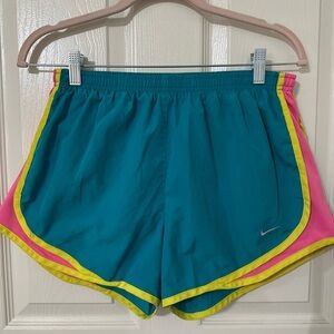 Nike Women's Athletic Shorts in Teal with Pink and Yellow Trim
